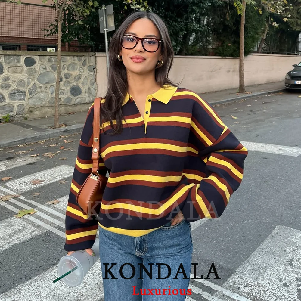 

KONDALA Casual Striped Knit Sweater Women Long Sleeve Button Polo Collar Pullover Fashion 2026 Spring Elegant Girl Outwear