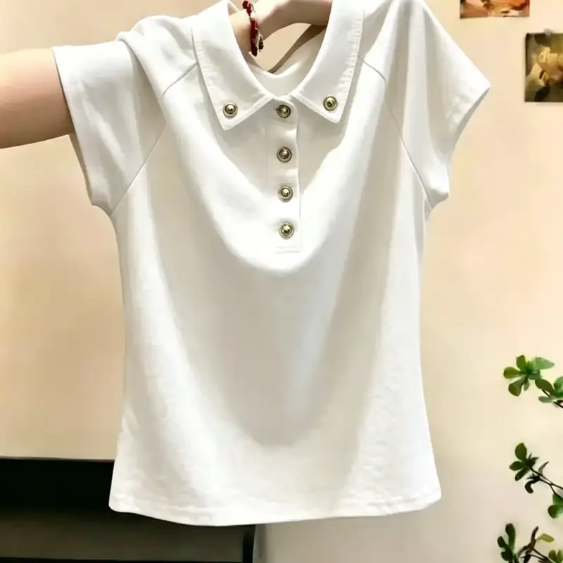 White Turn Down Collar T Shirt with Button Detail Short Sleeve Women Casual Preppy Style Top Regular Fit Summer