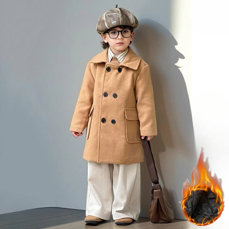 

Boys Double-breasted Woolen Coat Autumn Winter Thicken Warm Children Mid-length Padded Outerwear School Kids Khaki Tops 10 12 Y