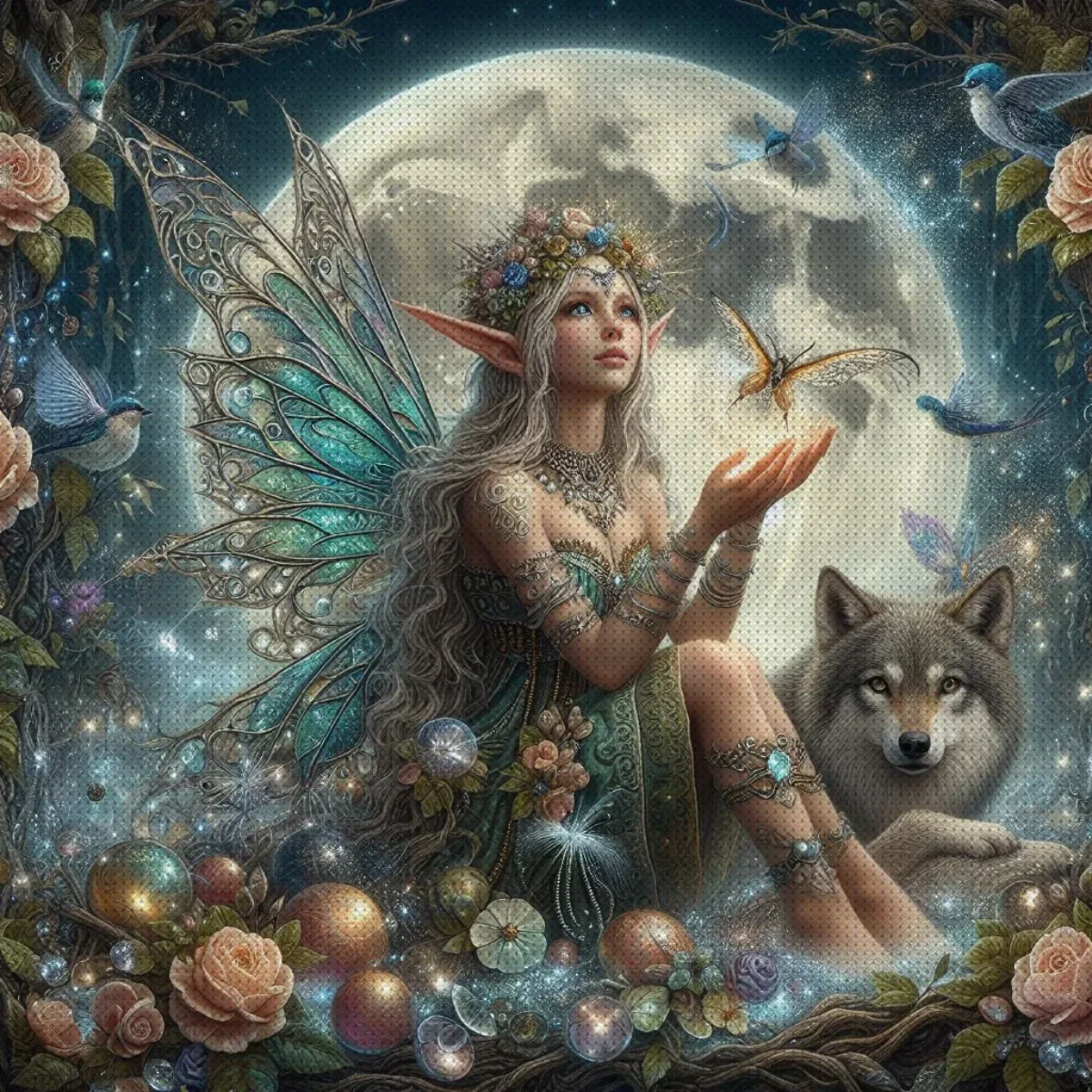 1PC 40X40cm/15.7X15.7inch, Beauty and Wolf, 11CT/14CT Printed Cross Stitch DIY Kit, Adult Beginner's Relaxed Cross Stitch