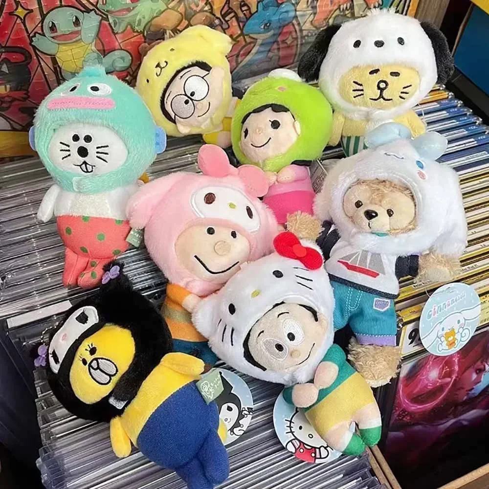 Sanrio dos desenhos animados capa de cabeça de pelúcia pingente kuromi melodia kitty purin cinnamoroll chaveiros de pelúcia mochila ornamentos crianças presente da menina