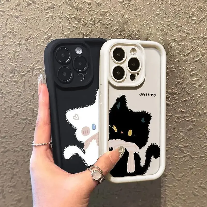 Cute Cartoon Cat Matching Case for iPhone 15 16 12 13 mini 11 12 13 14 Pro Max XR Xs 7 8 Plus Soft Silicone Cover for Couple