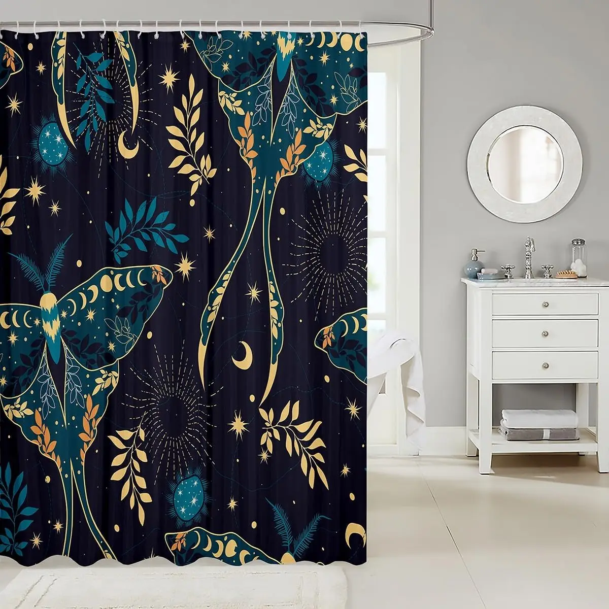 Sun Moon Starry Sky Trippy Bathroom Curtains for Girls Boys Adults,Leaves Plants Boho Exotic Colorful Chic Waterproof Curtain