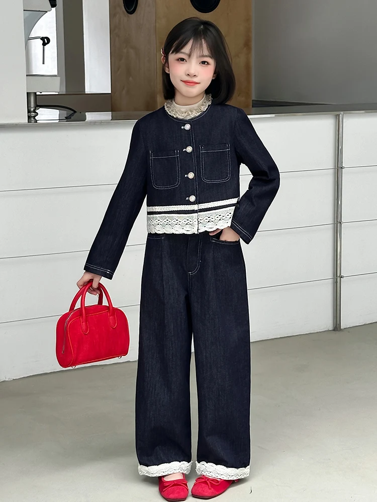 

Модный осенний джинсовый комплект для девочек: брюки с широкими штанинами и куртка с длинными рукавами, повседневный костюм из двух предметов, детская модная одежда