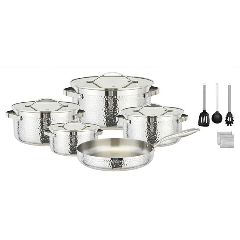 Tri-Ply Stainless Steel Cookware Set Induction 15pcs Hammered Kitchen  304 Heavy Stainless Steel Cookware Sets