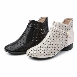 Retro Summer Women's Boots Flat Bottom Cowhide Hollowed-out Perforated Women's Sandals Ankle Boots Large Size 35-43