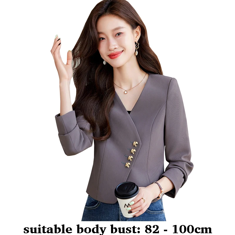 

High quality short blazer for women V neck with button jacket autumn spring 2025 elegant office clothes white black grey