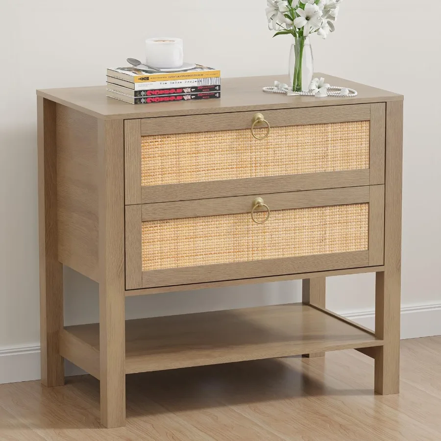 Rattan Nightstand with 2 Drawers and Storage Shelf 26 Tall Coastal Boho Night Stand Wood Large Bedside Table with Golden Handle