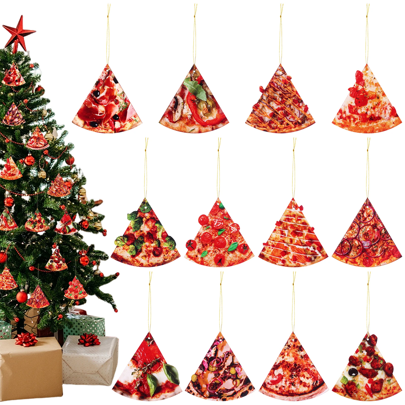 

36 Pcs Pizza Christmas Ornaments Wooden Pizza Ornaments For Christmas Tree Pizza Slice Ornament With Hanging Ropes Xmas Food Orn