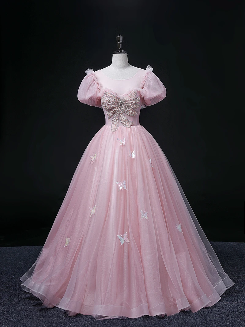 bubble sleeve bowknot beading pink gown court medieval dress renaissance Gown queen Victorian /Marie/drama/