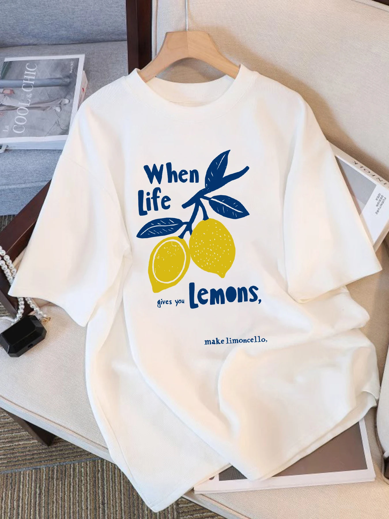 

When Life Gives You Lemons Make Limoncello Basics T-Shirt Woman Summer O-Neck T Shirts Cotton All-Match Clothes Loose Unisex Top