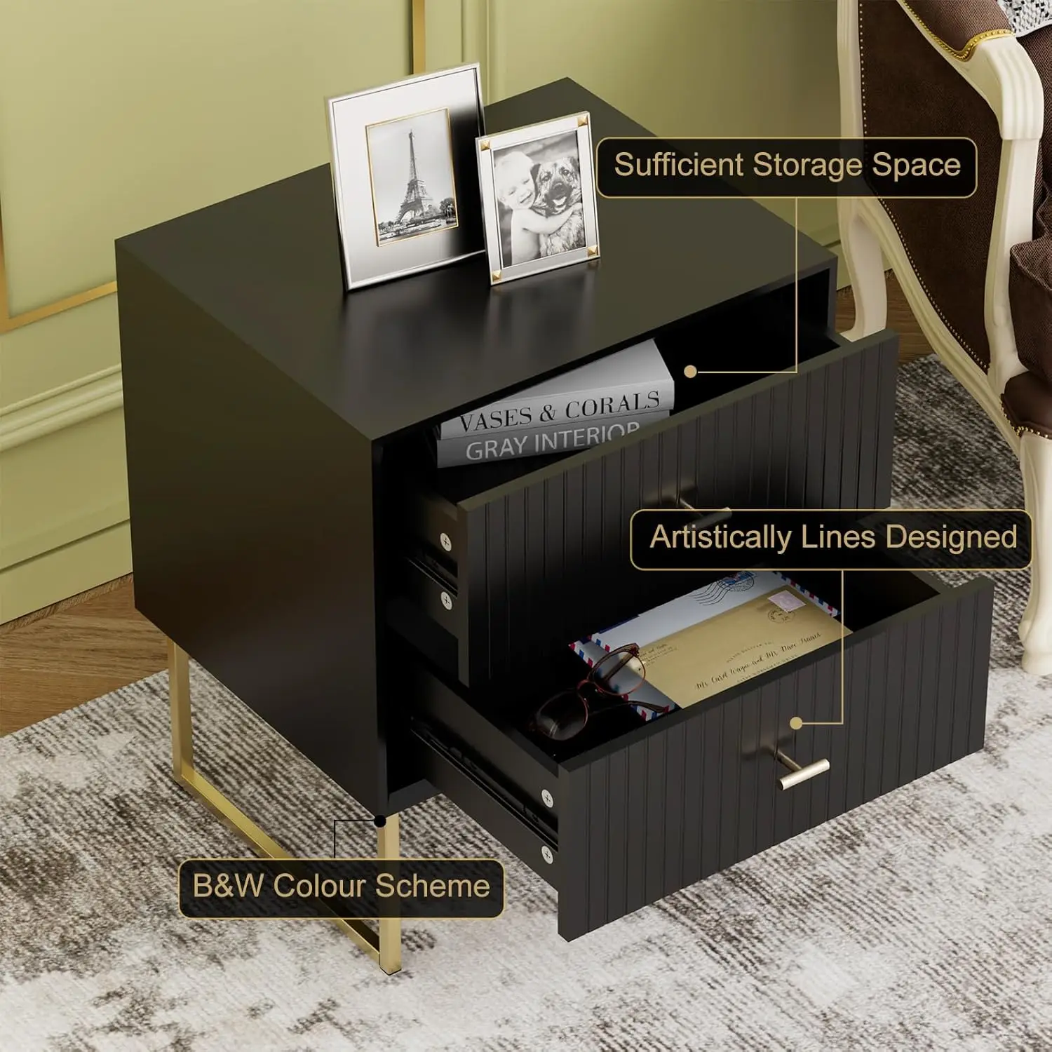 طقم منضدة سوداء مكونة من 2، طاولات بجانب السرير خشبية حديثة مع أدراج ومقابض معدنية #6