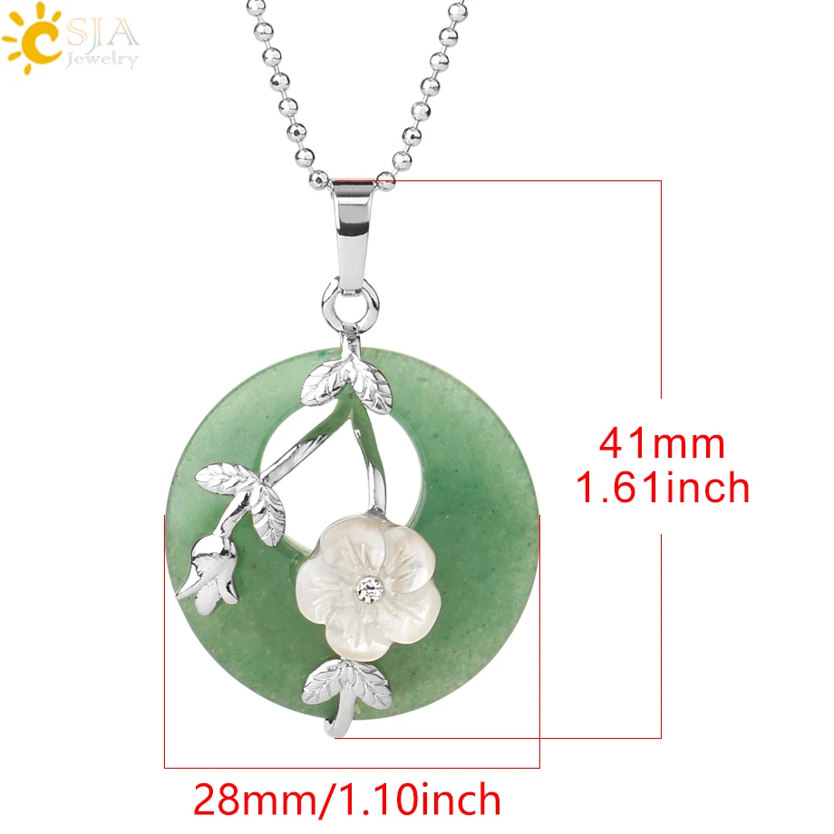 CSJA Natural Stone Round Pendants Necklaces Healing Crystal Silver-color Carved Flower Leaf Turquoises Women Trendy Jewelry G385