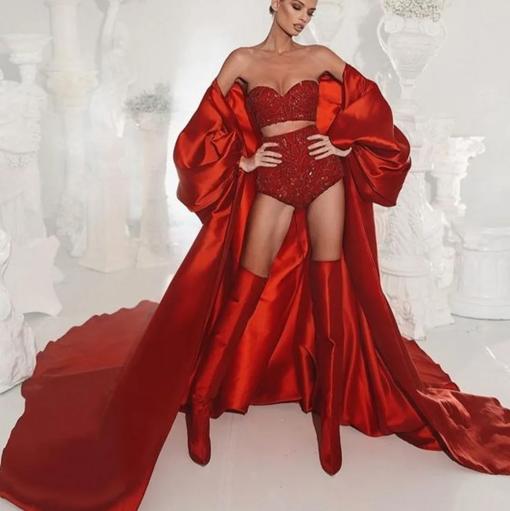 New Couture Red Long Satin Women Jacket Puff Sleeves Female Long Cape Women Jacket Vest Outwear Outfit