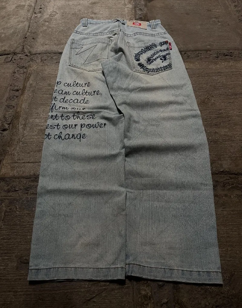 

Американские свободные потертые джинсы с высокой талией для мужчин Y2k Готический панк Ретро Аниме с буквенным принтом Большие широкие брюки для женщин