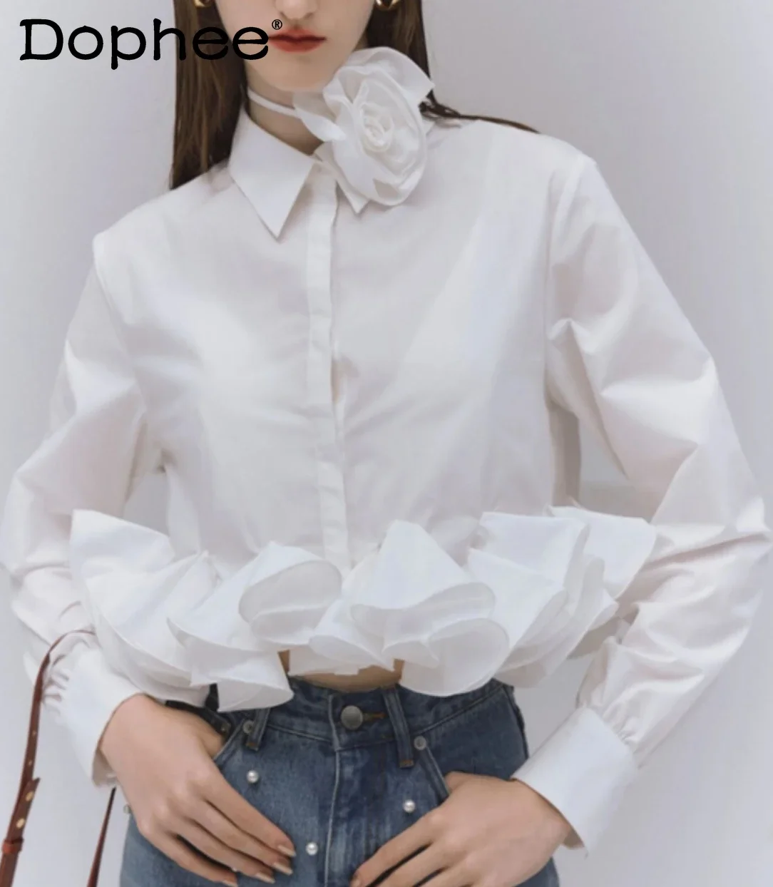 

Fashion Pleated Sweet 3d Fungus Lace Splicing Hem Single-breasted Short Shirt Femininity Versatile Top Women Shirt Spring New