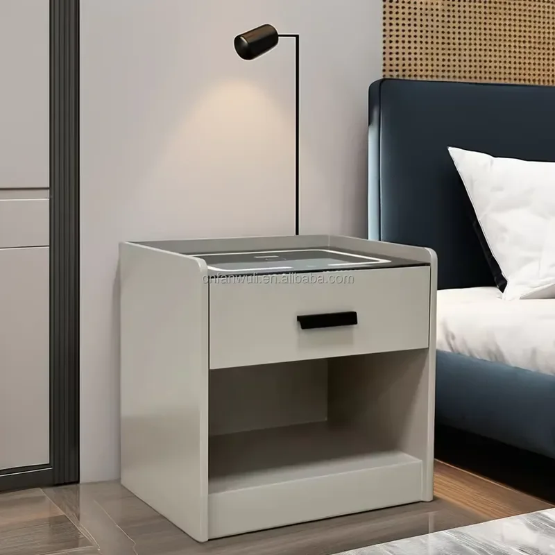 Modern Minimalist Intelligent Storage Nightstand with Lighting and Charging Speaker Bedside Table for Bedroom Application
