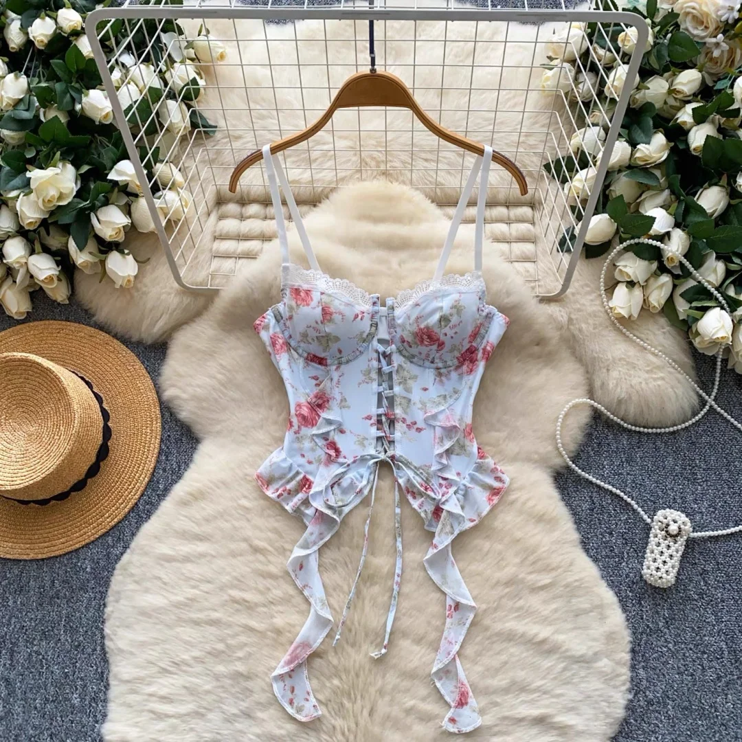 

Fresh and sweet lace floral camisole, elegant French-style bodycon corset, perfect for tea parties, parties, and evening wear.