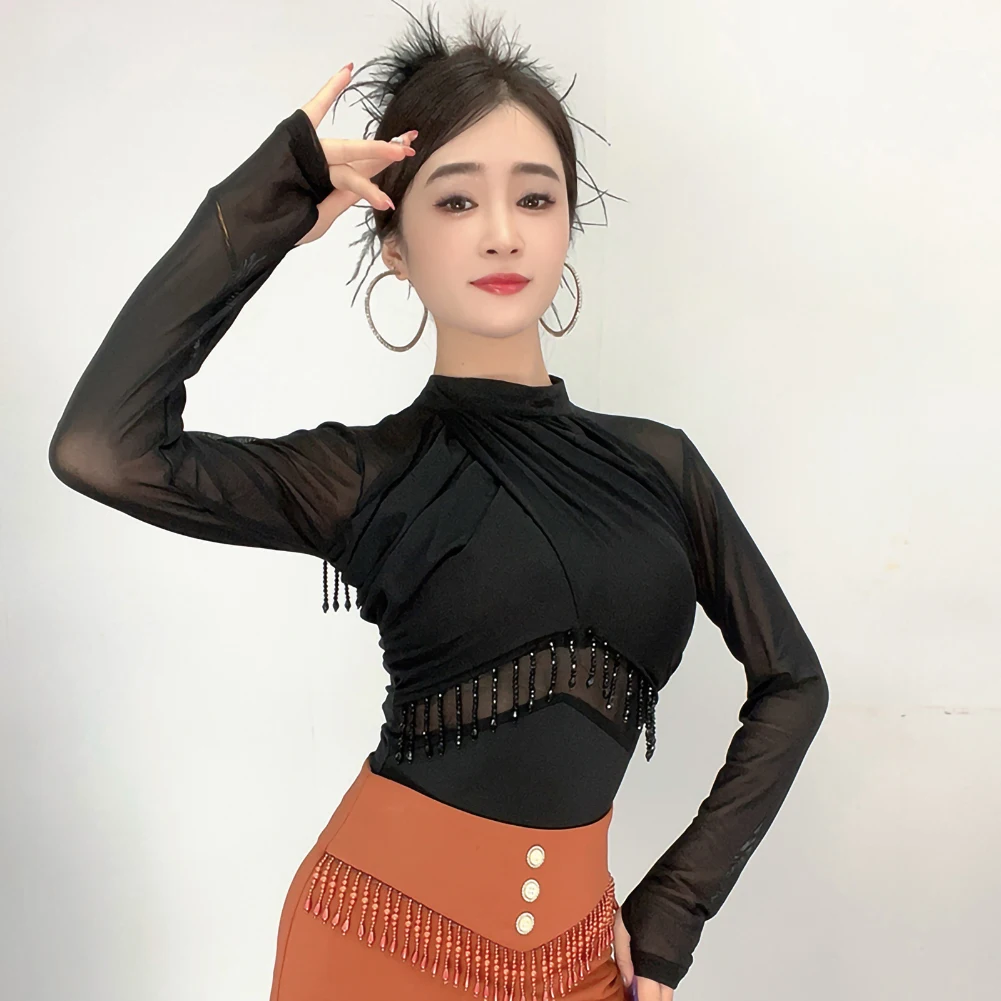 Haut de danse latine pour femmes, manches longues, noir, Samba, rouge, répétition, danse de salle de bal blanche, une pièce, perle, bal de taureau, danse