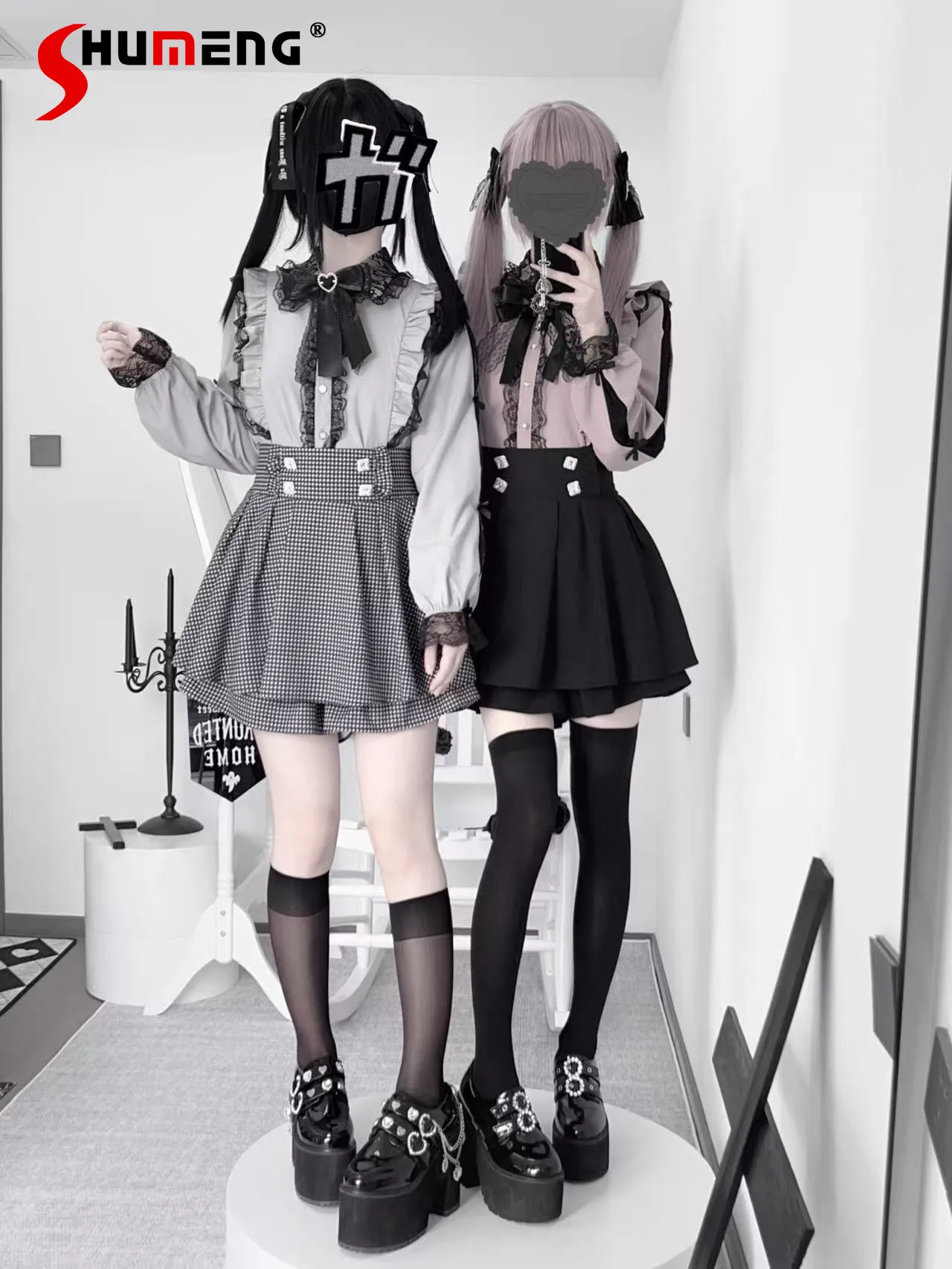 

Japanese Mines Style Mass-Produced Subculture Lace Doll Collar Bow Long Sleeve Shirt High Waist Skirt Two-Piece Set for Women