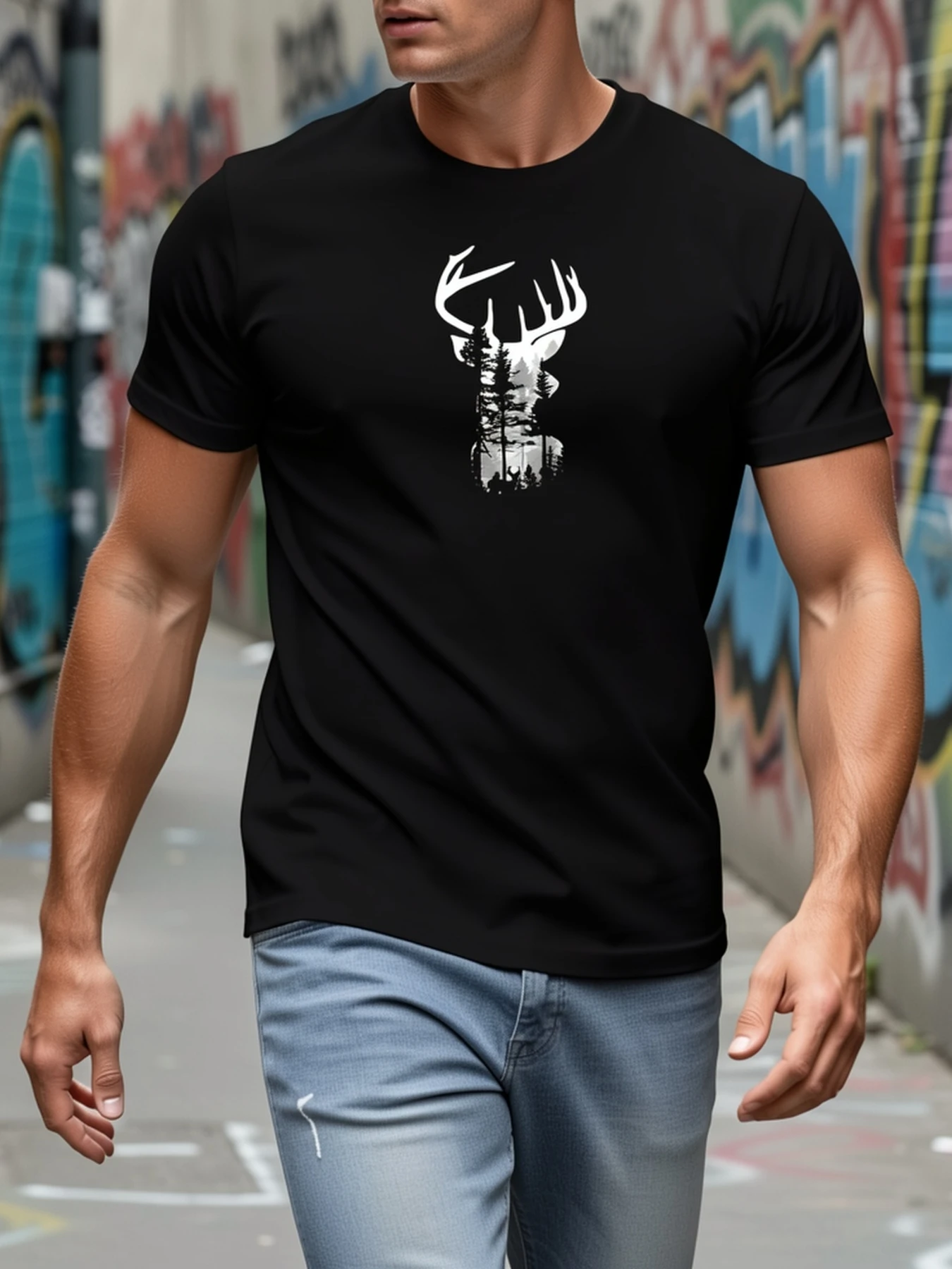 Men 100% Cotton T-Shirt Deer Forest Silhouette Print Short Sleeve O Neck Casual Tees Outdoor Hunting Nature Lovers Summer Tops