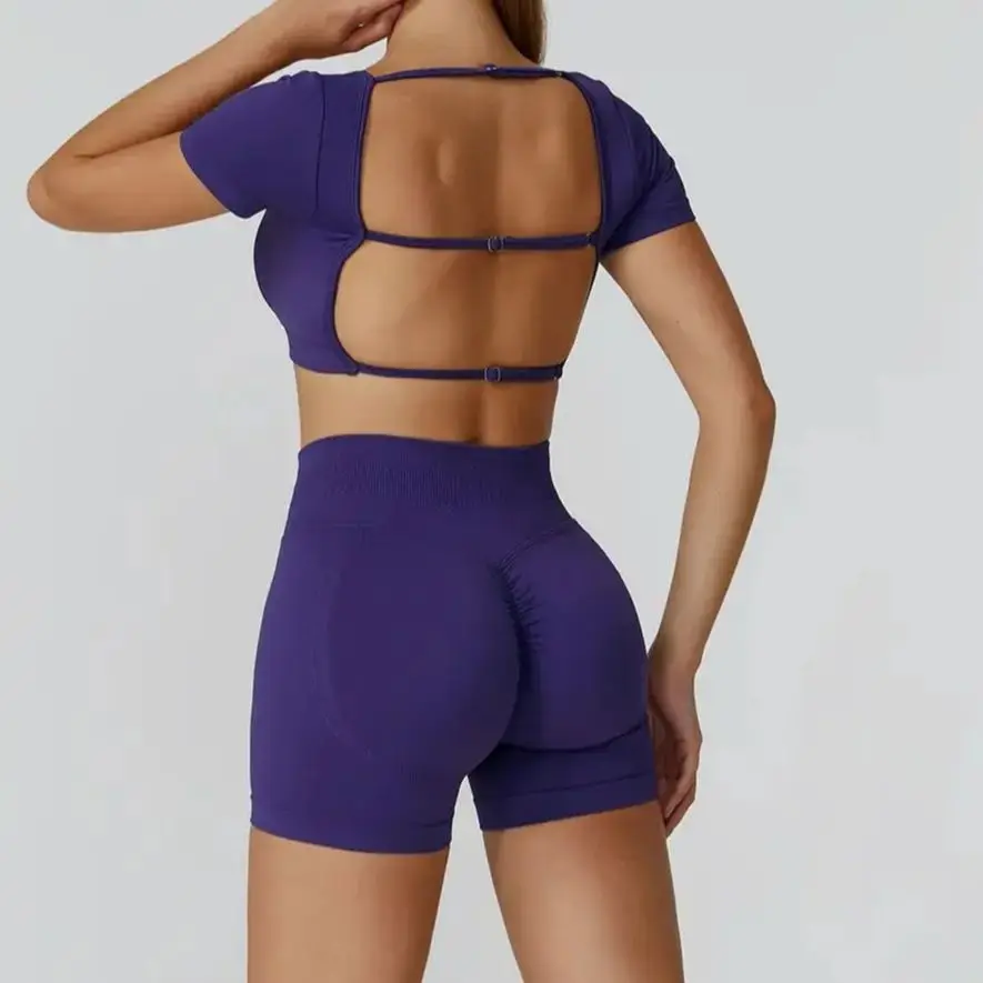 

Women Outdoor Sports Sets Crop Top Shirts and Shorts Gym Running Training Yoga Suits Tops Short Scrunch Leggins Tights 2 Pieces