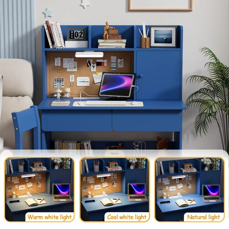 طقم مكتب وكرسي دراسة خشبي للأطفال، مكتب أطفال مع ضوء ومحطة شحن، درجين، خزائن تخزين و3 تخزين O #5