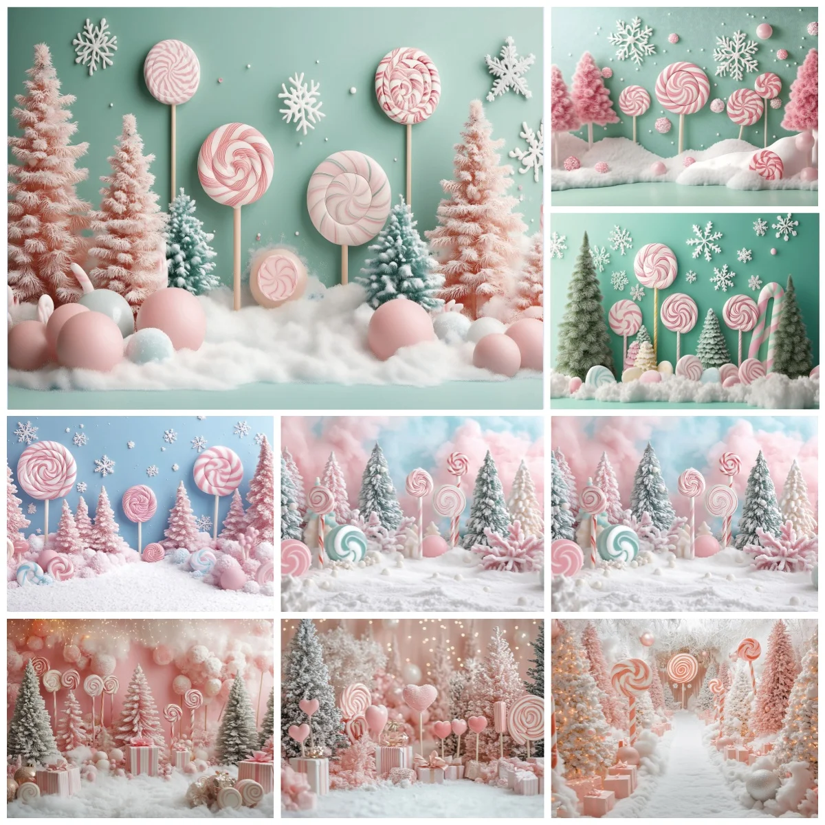 

Christmas Sweet Candy Photography Backdrop Lollipop Snowflake Pink Tree Kids Festivial Portrait Decor Background Studio Props