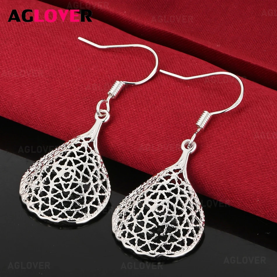

AGLOVER 925 Sterling Silver Fishnet Water Drop Earrings Classic Cute Women's Banquet Party Jewelry