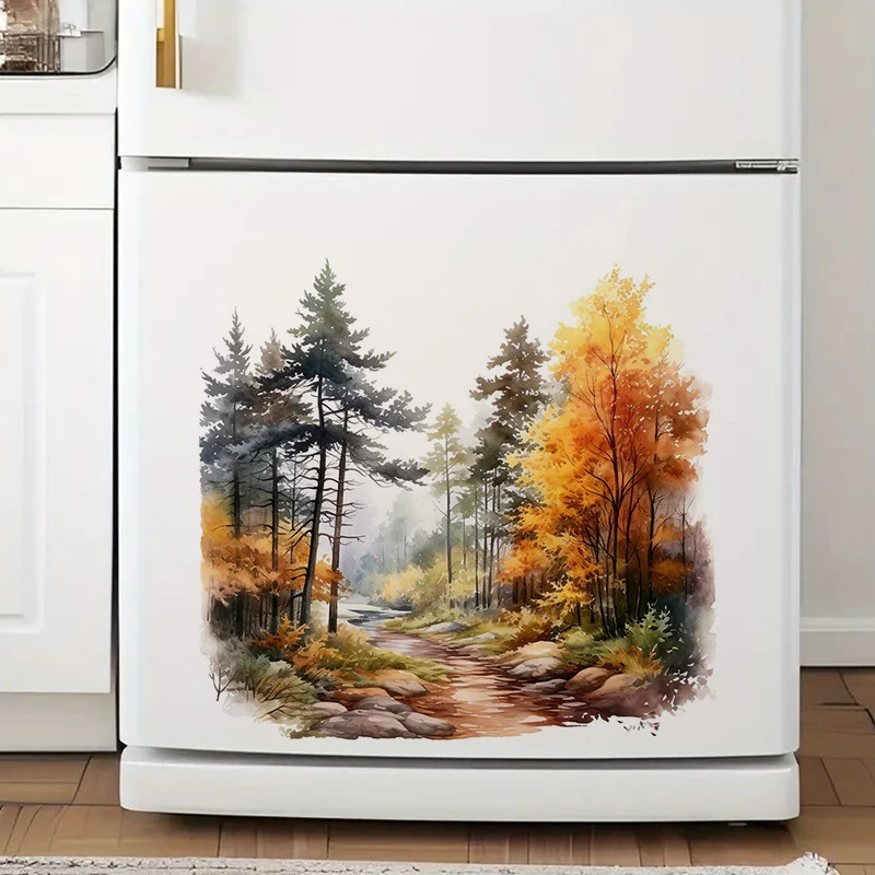 Forest in Autumn Wall Decal - Dreamy Watercolor Woodland Pathway Home Decor - Self-Adhesive Wall Sticker for Bedroom, Hallway