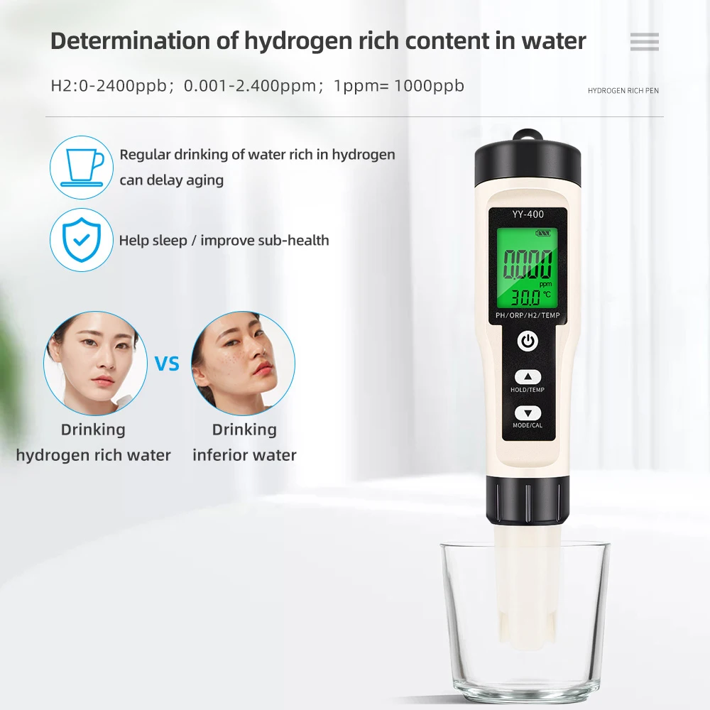 4 in 1 Water Tester Monitor H2 PH ORP TEMP Meter Reactive Oxygen Hydrogen Analyzer ATC 0-2400PPb for Aquariums Pools Spa