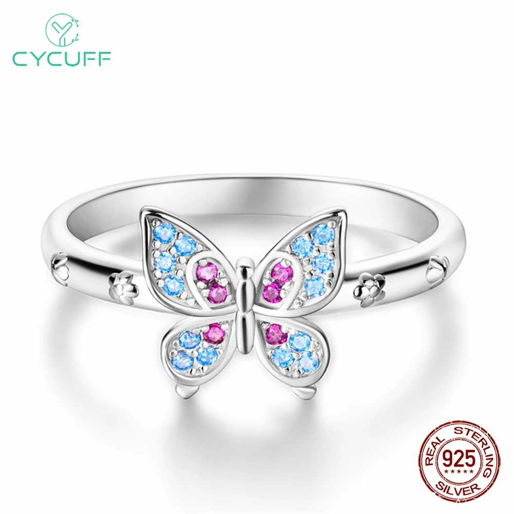 CYCUFF Original Real 925 Sterling Silver Colorful Butterflies Rings For Women Wedding Engagement Birthday Silver Jewelry Gift