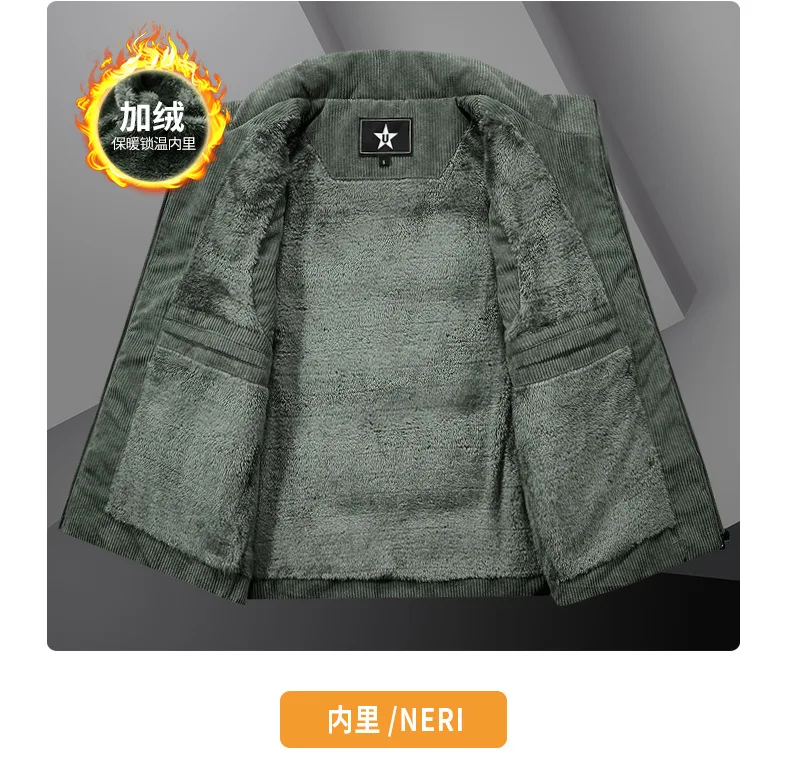 الشتاء سروال قصير صوف مبطن سترة سميكة الوقوف طوق أكمام متعددة جيب ملابس العمل الاتجاه رجالي معطف كبير الحجم