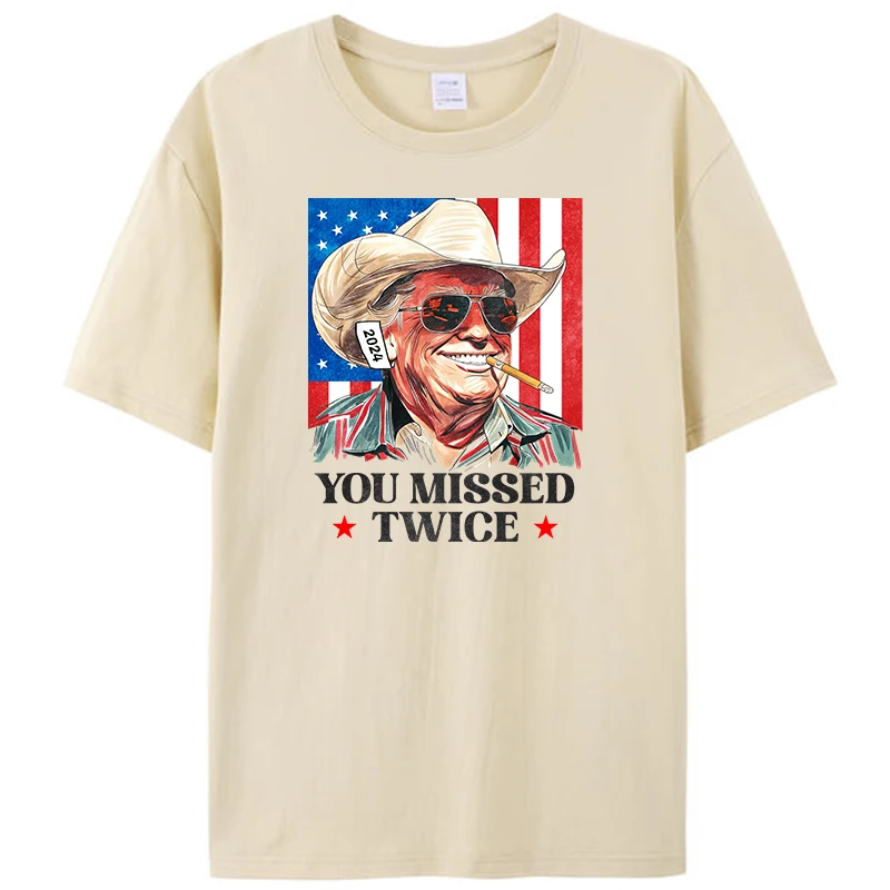 

You Missed Twice Western Cowboy Trump 2024 US Flag Men's Clothing T-Shirt Cotton Graphic Tee Shirts Streetwear Tops Novelty Gift