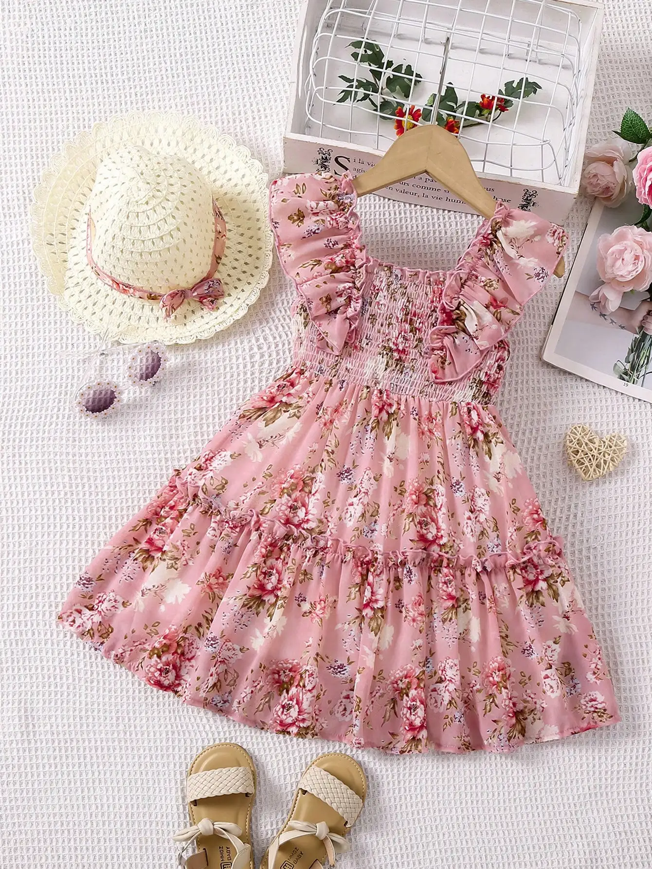 Girl Fashion Sweet Floral Print  Adorable Sleeveless Dress With Hat  Girsl Princess Dress