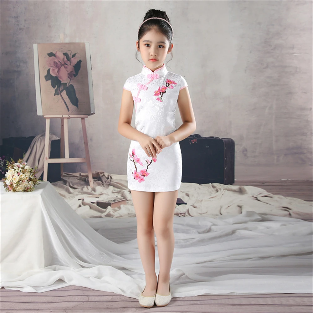 Weißes Mädchen Blumen stickerei Cheong sam Sommer chinesisches traditionelles Kleid Kinder Bühnen leistung Qipao Vestidos Hochzeits feier Kleid