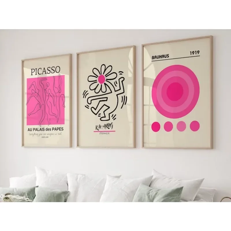 Impresión Abstracta de Picasso en Lienzo, Arte de Pared Nórdico Bauhaus en Rosa Brillante, Estilo Boho Moderno para Sala de Estar
