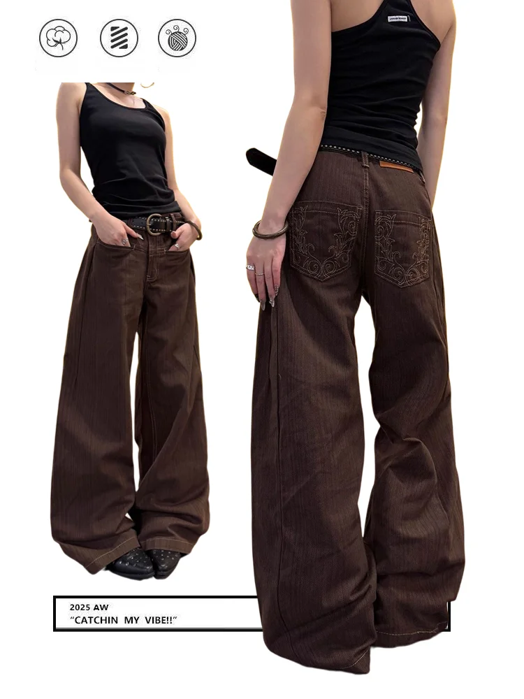 

Retro American Embroidered Striped Wide Leg Jeans Women's Loose Fit Straight Cut Denim Pants High Waist Zipper Closure Daily ...