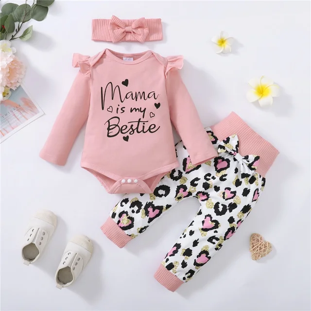 3 szt. Noworodek dziewczynka codzienny zestaw ubrań Mama drukuj kombinezon z długim rękawem Top + miłość nadruk w kształcie serca spodnie + opaska na głowę piękny jesienny strój