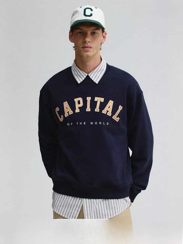 

H&M ex Loose Fit Cotton Sweatirt Spring New Embroidered American Letter Print Trendy Overhead Comfortable Long Sleeve