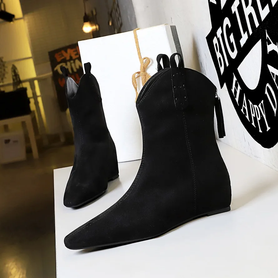 

BIGTREE Vintage Women Ankle Boots Fashion Pointed Toe Shoes Autumn Winter High Heel Ladies Elegant Stretch Slim Short Booties