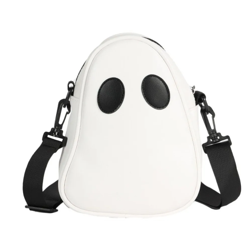 PU Leather Ghost Crossbody Bag Black And White Adjustable Strap Shoulder Bag Cartoon Design Novelty Style Halloween Mini Bag