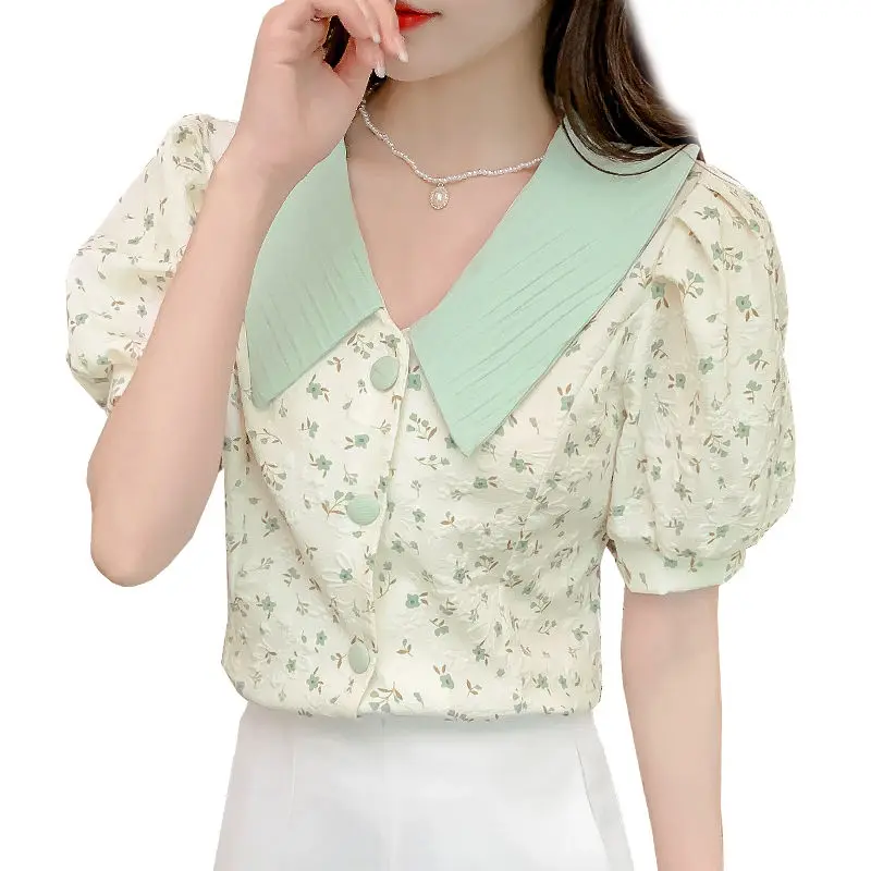 Shirts Women Peter Pan Collar Sweet Puff Sleeve Floral Vintage Korean Youth Style Summer New Casual Fashion Female Clothing 2022