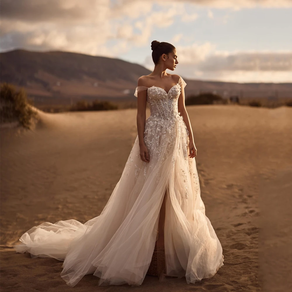 

Beach Wedding Dresses Sweetheart Beaded Flowers A-Line Sweetheart Backless Off Shoulder vestidos de novia Customized Bride Gowns
