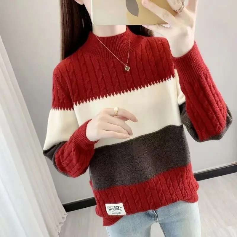 Autumn and Winter Women\'s Spliced Stripe Contrast Half High Collar Long Sleeve Sweaters Jumpers Fashion Casual Korean Tops