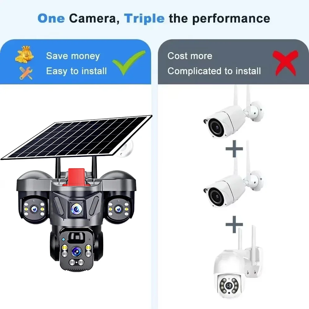 KERUI 6MP Triple Lens Solar PTZ Camera 4G SIM WiFi Outdoor Home Security CCTV with V380pro App Built-in Rechargeable Battery