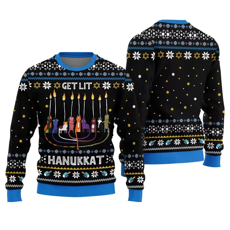 Fashion Hanukkah Ugly Sweater Unisex Gift Festival Long Sleeve Pullover Top 3D Print Jewish Candles Pattern Commemorate Hoodie