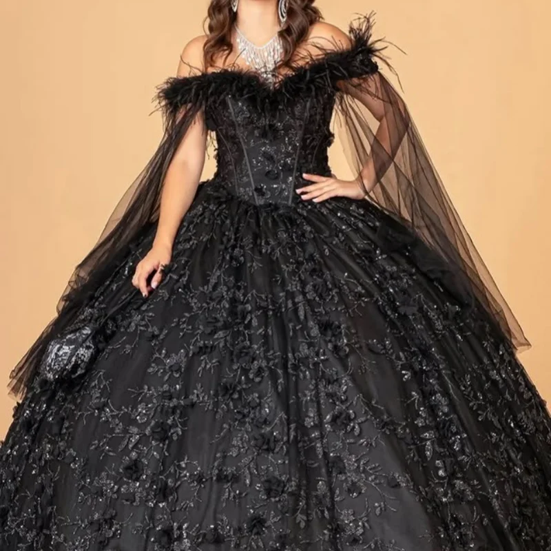 

Black Quinceanera Dress off-shoulder Sequins Feather Decal 3D Flower Long tail vestidos de 15 Quinceanera ﻿Customize