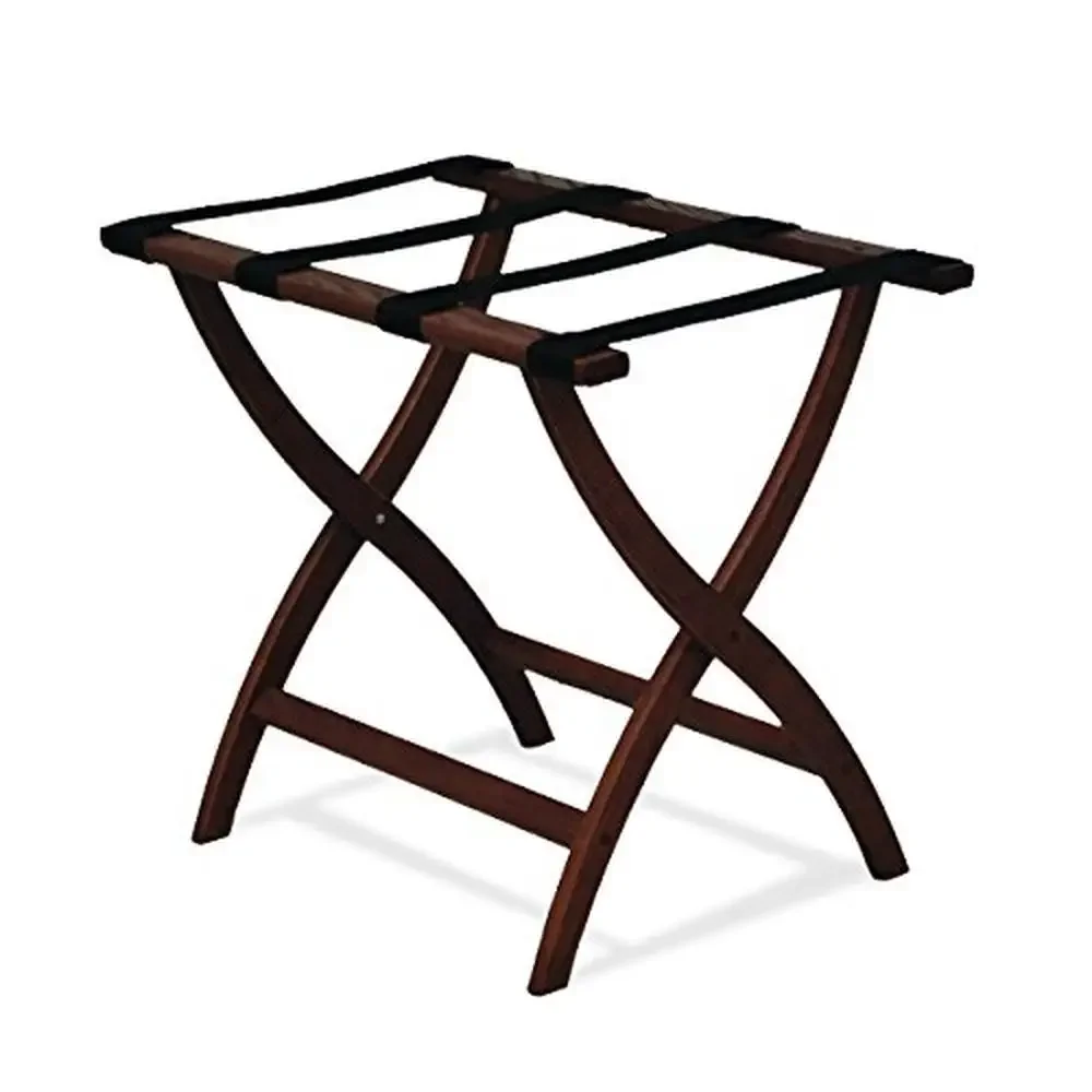 Solid Oak Mahogany Luggage Rack with Designer Curve Legs Foldable Steel Straps Choice of Finish Colors