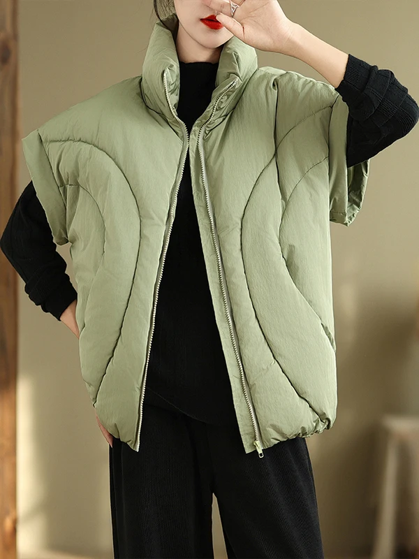 

Authentic Autumnal Vintage Lazy Sle Stand Collar Loose Casual Versatile Zipper Cotton Vest Jaet Polyester Fiber Fill